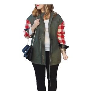 8787 LESHOP JACKET UTILITY FAUX LEATHER PLAID FLANNEL ZIP SNAP BUTTON SZ LARGE